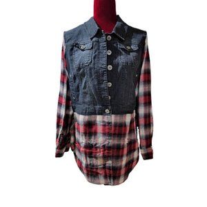 Upcycled Denim Jacket*Recycle Jean Jacket*Large*Upcycled Jean Plaid Flannel Jack